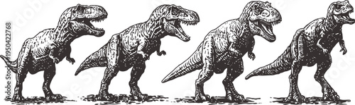 vintage black and white t rex dinosaur illustrations in sequential walking poses