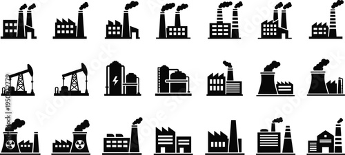 Industrial factory silhouettes collection, power plant refinery and manufacturing buildings icons, heavy industry and energy production vector set isolated on white