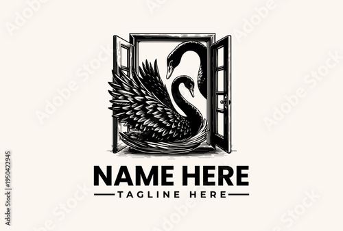A black and white illustration of a swan emerging from a window frame with an open view, featuring a placeholder logo and tagline on a clean background.
