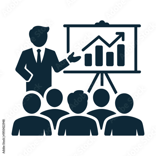 Business presentation is delivered to an audience using a vector graph in a professional setting