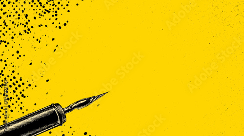 Bold graphic design featuring a vintage ink pen and splatters on a vivid yellow background