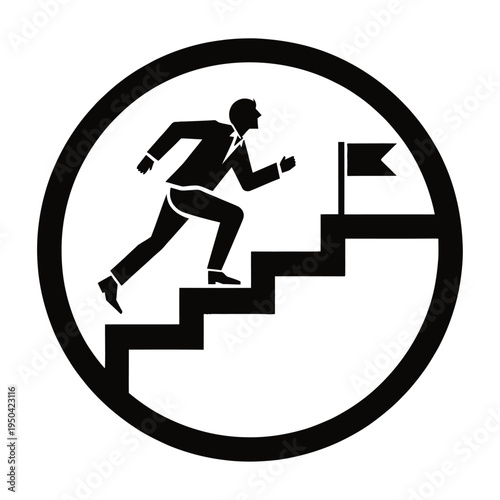 Vector of a man in a suit running up stairs towards a flag