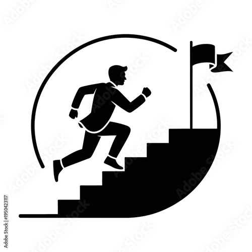 Vector of a man running upstairs toward a flag at the top