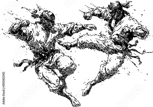 Martial arts combat, two fighters wearing gi, dynamic fighting pose, high kick and punch, action fight illustration