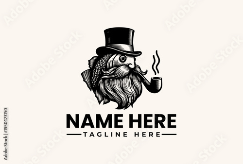A black and white illustration of a fish wearing a top hat and smoking a pipe with a placeholder text for a logo or brand name on a plain background.