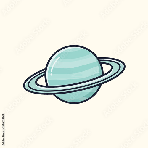 A cartoon depiction of a ringed planet, the planet is teal with faint horizontal stripes.  The rings are white with a dark outline