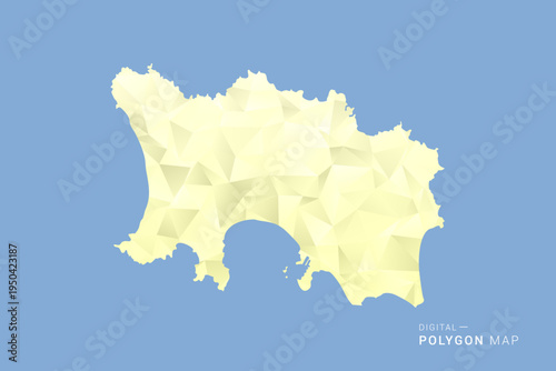Jersey Map in low poly polygon vector style, geometric shape illustration with soft yellow tones on blue background, clean silhouette for infographic.