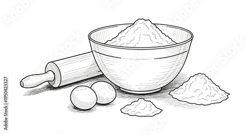 Black and white sketch of baking ingredients including flour, eggs, and a rolling pin.