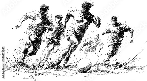 Four soccer players chasing the ball during an intense football match action in black and white sketch