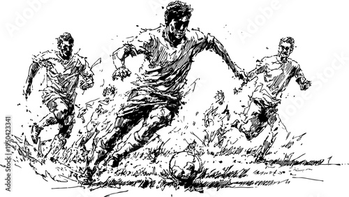 Dynamic soccer players sprinting towards ball in intense match action sketch