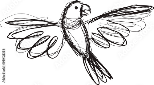 Hand drawn sketch of a flying parrot with outstretched wings in simple line art