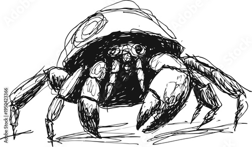 Sketch of a crab walking sideways, detailed black ink drawing, marine animal concept