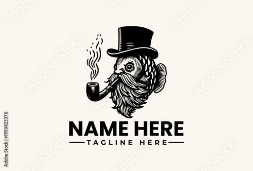 A stylized illustration of an owl wearing a top hat and smoking a pipe with a placeholder text for a logo or brand name in a simple, monochromatic design.
