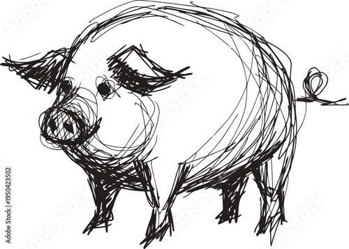 sketch of a pig, hand drawn black ink illustration of a farm animal in rough lines