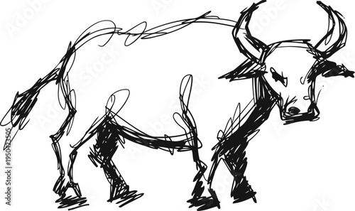 sketch of a standing bull with prominent horns and textured fur details