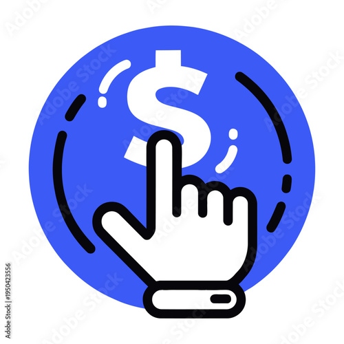 Vector featuring a hand icon pointing to a large dollar sign symbol