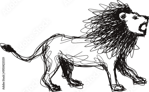 Abstract hand drawn lion sketch with bold mane and expressive face in black ink line art