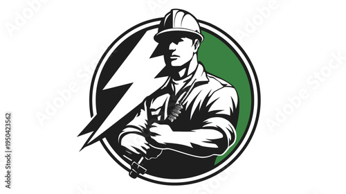 A muscular man with a hard hat, arms crossed, holds a lightbulb, a lightning bolt and a green circle