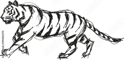 sketch of a prowling tiger in black ink with dynamic brush strokes wild animal, wildlife, predator