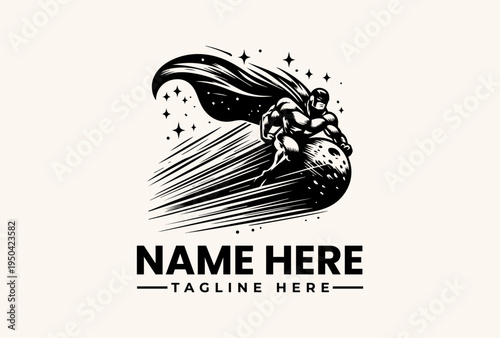 A black and white illustration of a muscular superhero flying through space with stars, intended for use as a customizable logo or icon with a tagline on a plain beige background.