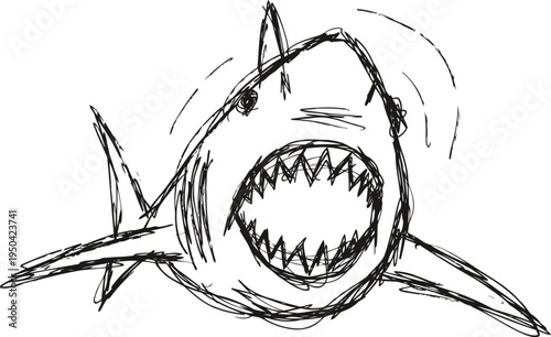 Sketch of a fierce shark with sharp teeth swimming aggressively in the ocean