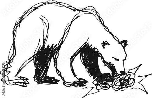 sketch of a bear pawing at an object on the ground in abstract black line art