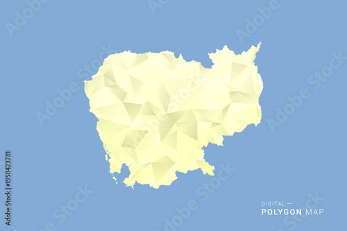 Cambodia Map in low poly polygon vector style, geometric shape illustration with soft yellow tones on blue background, clean silhouette for infographic.
