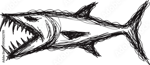 angry fierce shark with open jaws and sharp teeth hand drawn sketch in black and white