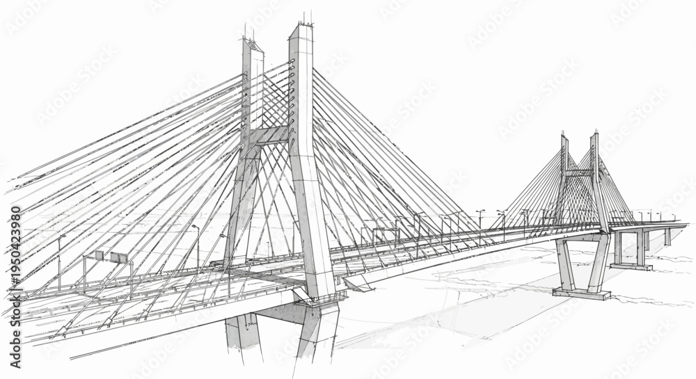 Fototapeta premium Detailed architectural sketch of a modern cable-stayed bridge with multiple support cables and towers.