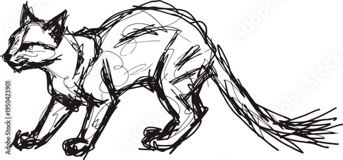 sketch of a crouching cat with tail extended, detailed rough ink drawing