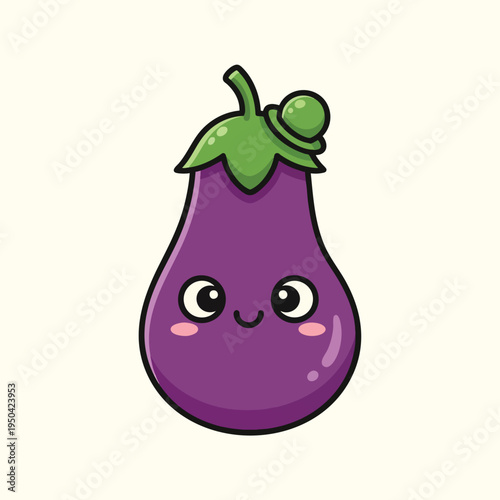 A cartoon eggplant, rendered in vibrant colors with a friendly face, green stem and leaves, against an off-white background. The eggplant has a purple body and rosy cheeks