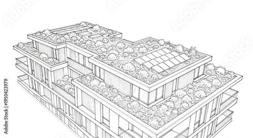 Architectural sketch of a modern building with multiple green roofs and solar panels, showcasing sustainable urban design.