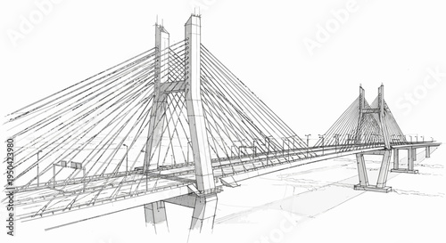 Detailed architectural sketch of a modern cable-stayed bridge with multiple support cables and towers.