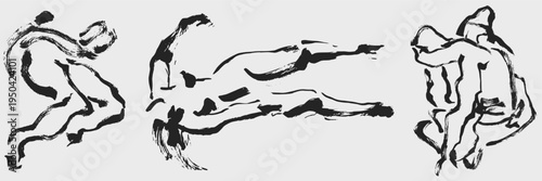 Artistic female figure silhouettes and organic anatomy shapes in charcoal sketch style. Minimalist line art for aesthetic branding and wall gallery prints.
