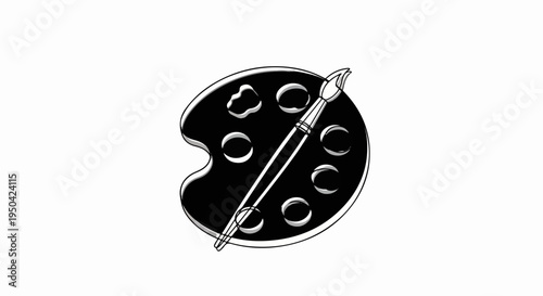 Black art palette with a brush and paint wells, isolated on white