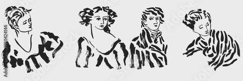 Modern female head sketches and abstract face silhouettes in doodle sketch style. Creative line art for fashion posters and lifestyle branding graphics.