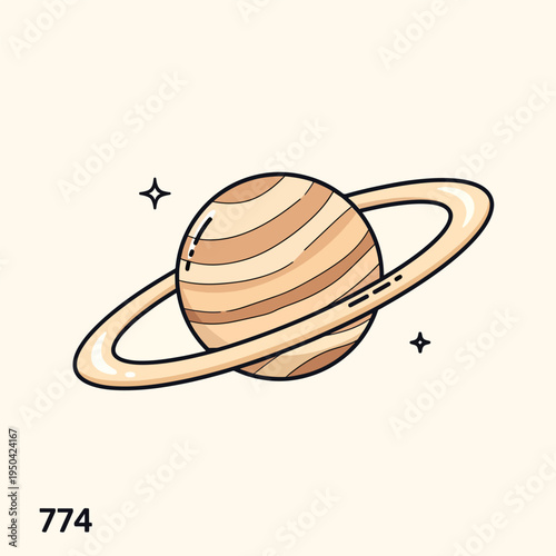 A cartoon depiction of a ringed planet with a striped surface, surrounded by two shining stars, set on a beige background