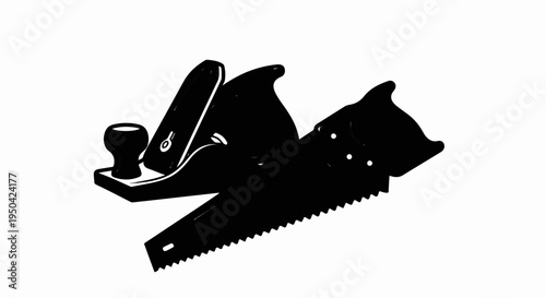 Black silhouette of a hand plane and a handsaw are shown on a white background