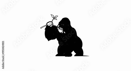 Black silhouette of a gorilla eating a plant with white highlights