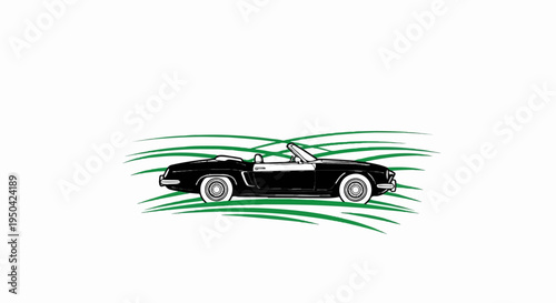 Black convertible vintage car with white interior on a white background