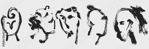 Abstract female portrait silhouettes and organic face shapes in doodle sketch charcoal style. Minimalist line art for beauty branding and aesthetic gallery wall prints.