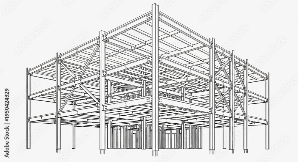 Fototapeta premium Detailed wireframe rendering of a multi-story steel building structure, showcasing its beams, columns, and floor framing.
