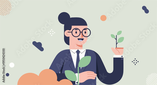 Business professional holding a potted plant, smiling with graphic elements
