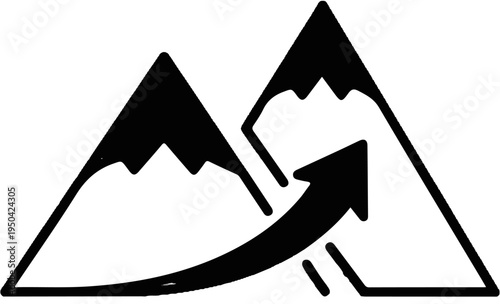 Black silhouette of two mountain peaks with a dynamic arrow rising upwards between them