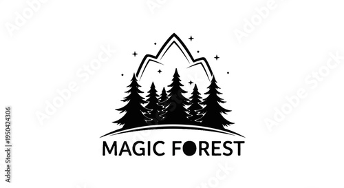 Black silhouette of pine trees under jagged mountains and twinkling stars