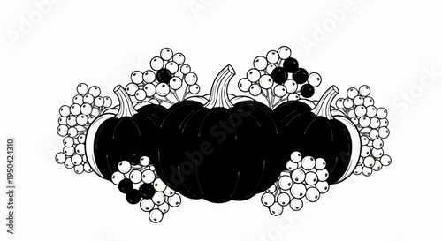 Black pumpkins and bunches of berries in a decorative banner formation
