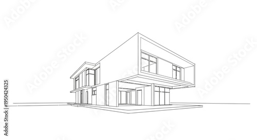 Architectural line drawing of a modern minimalist house with an overhang design.