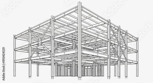 Detailed wireframe rendering of a multi-story steel building structure, showcasing its beams, columns, and floor framing.