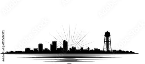 Black silhouette of a city skyline with a water tower and sunburst
