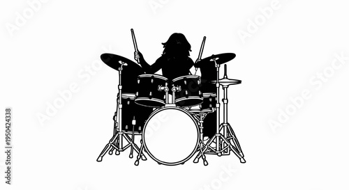 Black silhouette of a drummer playing a full drum kit on a white background